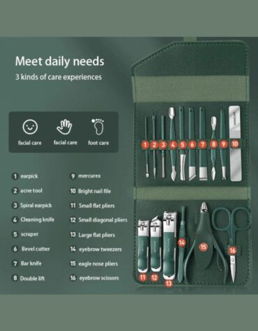 16 PCS Professional Stainless Steel Nail Clipper Manicure Pedicure Set With Leather Case